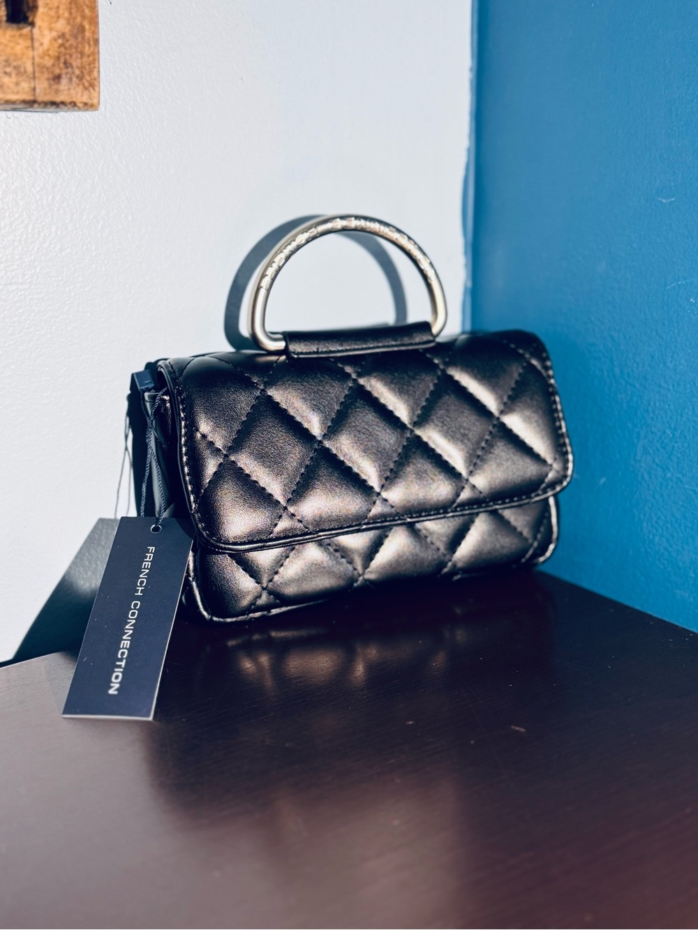 French Connection Black Quilted Mini Top-Handle Bag